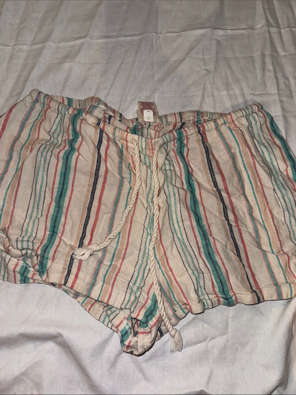 Striped Drawstring Women’s Shorts in Cream and Teal